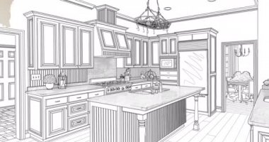 4k Custom Kitchen Drawing Transitioning to Photograph With Brush Strokes.