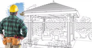 4k Contractor Facing Custom Pergola Drawing Transitioning With Gradual Brush Strokes to Photograph.