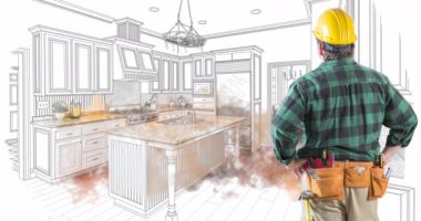 4k Contractor Facing Custom Kitchen Drawing Transitioning to Photograph With Brush Strokes.
