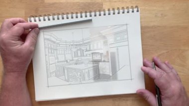 4k Custom Kitchen Drawing Transitioning to Photograph With Brush Strokes.