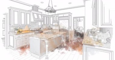 4k Custom Kitchen Drawing Transitioning to Photograph With Brush Strokes.