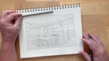 4k Custom Kitchen Drawing Transitioning to Photograph With Brush Strokes.