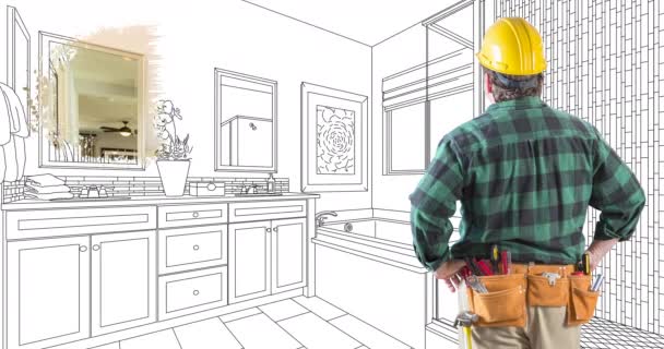 Contractor Facing Custom Bathroom Drawing Transitioning Photograph — ストック動画