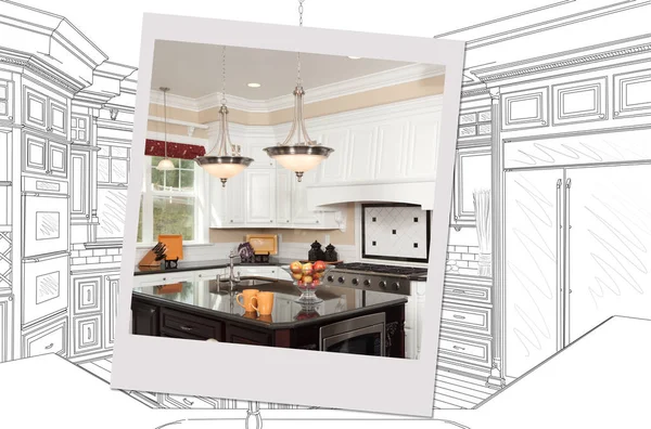Egyéni konyha rajz fotó képkeret tartalmazó befejezett építése. — Stock Fotó