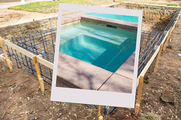 Swimming Pool Construction Site with Picture Photo Frame Containing Finished Project