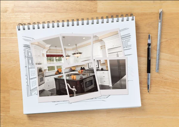 Sketch Pad na mesa com desenho de cozinha personalizada Interior e molduras fotos mostrando construção acabada ao lado de lápis de engenharia e régua . — Fotografia de Stock