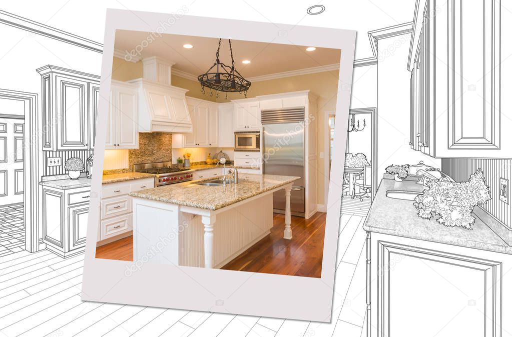Custom Kitchen Drawing With Photo Picture Frame Containing Finished Construction.