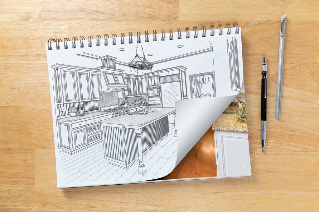 Sketch Pad on Desk with Drawing of Custom Kitchen and Page Corner Turning to Show Finished Construction Next To Engineering Pencil and Ruler Scale.