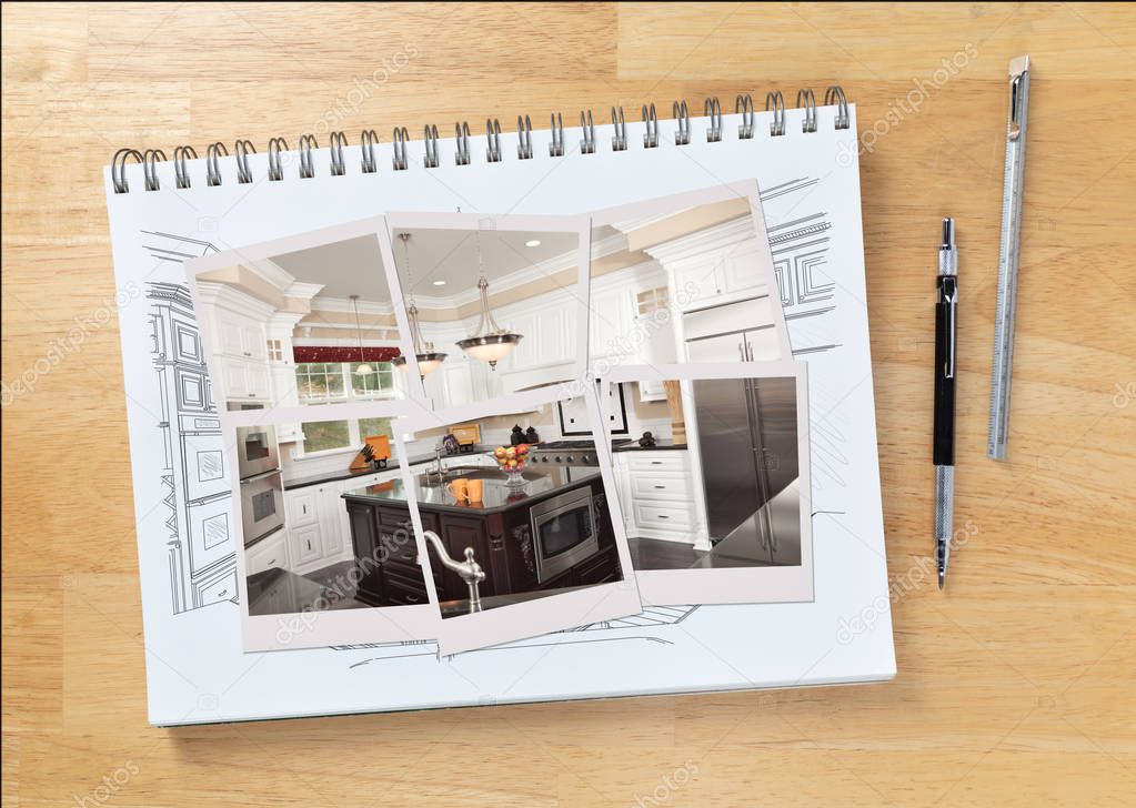 Sketch Pad on Desk with Drawing of Custom Kitchen Interior And Photo Frames Showing Finished Construction Next To Engineering Pencil and Ruler.