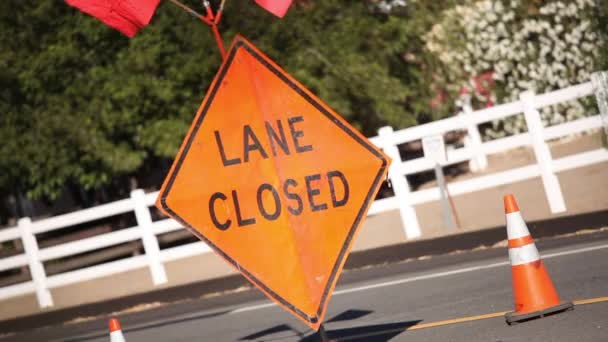Lane Closed Sign Orange Flags Cones Road — Stock Video