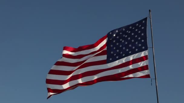 Full Links Geconfronteerd Met Amerikaanse Vlag Slow Motion Zwaaien Wind — Stockvideo