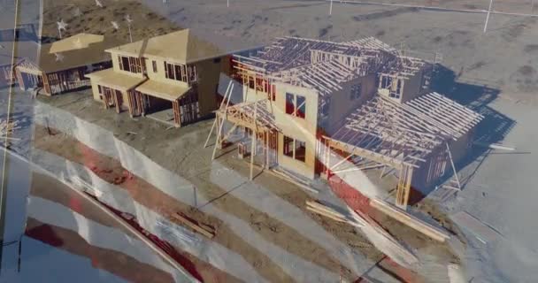 Ghosted American Flag Waving Drone Aerial View New Home Construction — 图库视频影像