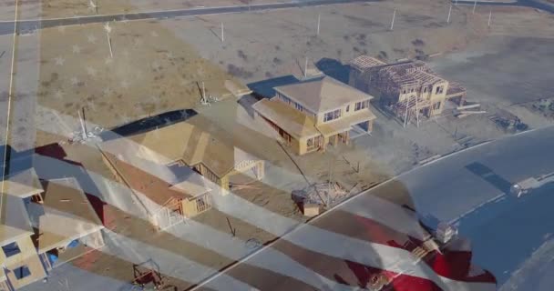 Ghosted American Flag Waving Drone Aerial View New Home Construction — Stock video
