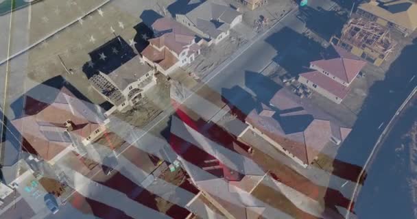 Ghosted American Flag Waving Drone Aerial View New Home Construction — Stock Video