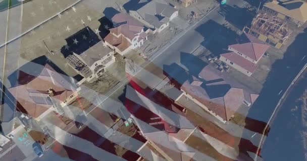 Ghosted American Flag Waving Drone Aerial View New Home Construction — Stock videók