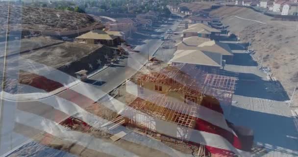 Ghosted American Flag Waving Drone Aerial View New Home Construction — Stock videók