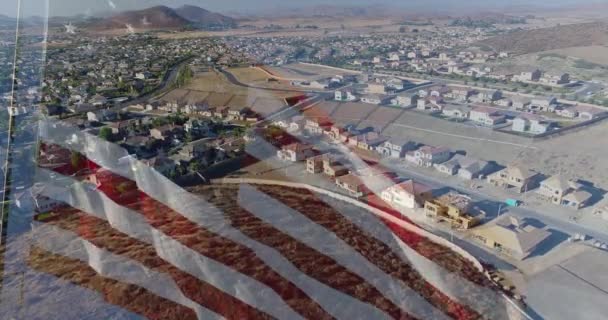 Ghosted American Flag Waving Aerial Neighborhood Streets Homes Background — Stock Video