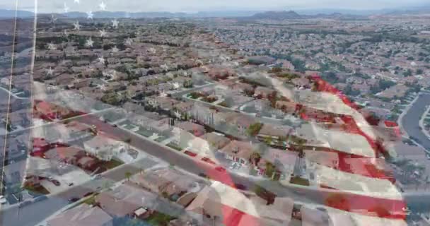 Ghosted American Flag Waving Aerial Neighborhood Streets Homes Background — Stock Video