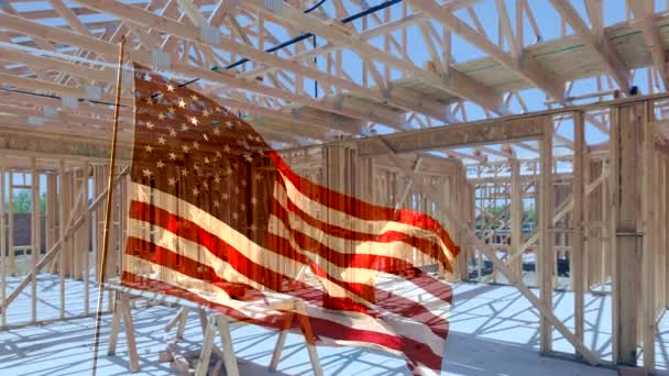 Fantaseado Derecho Frente Bandera Americana Ondeando Cámara Lenta Con Construcción — Vídeos de Stock