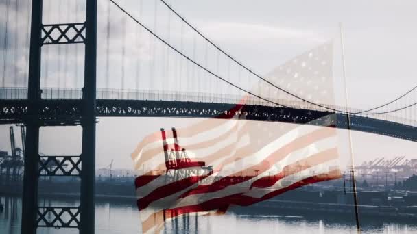 Fantaseado Izquierda Frente Bandera Americana Ondeando Con Puerto Embarque Muelle — Vídeo de stock