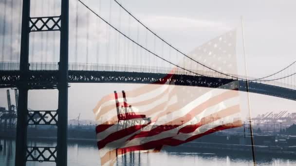 Uduszony Lewo Stoi American Flag Waving Shipping Port Port Dock — Wideo stockowe