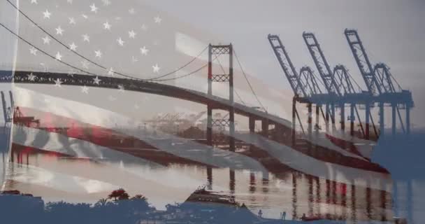 Ghosted Right Facing American Flag Waving Shipping Port Dock Bridge — Stock Video