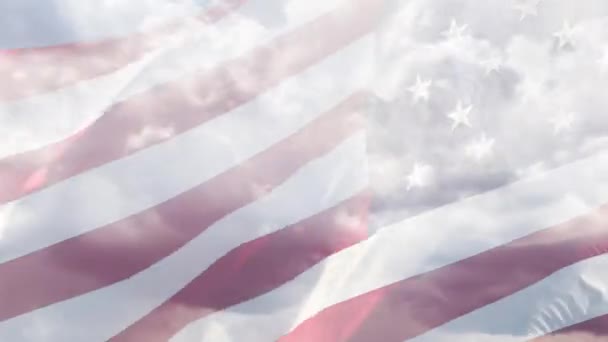 Left Facing American Flag Waving Wind Ghosted Time Lapse Clouds — Stock video