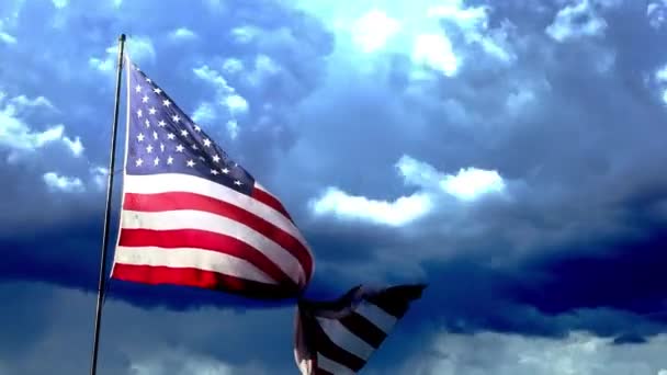 Tam Sağa Karşı Amerikan Bayrağıyla Yüzleşen Yavaş Hareket Rüzgarda Hızlandırılmış — Stok video