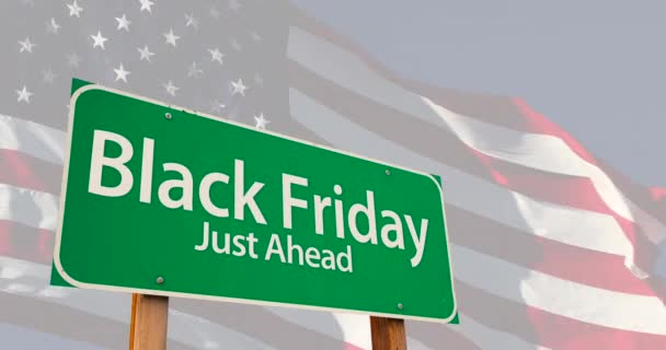 Black Friday Green Road Sign Ghosted American Flag — Vídeo de stock