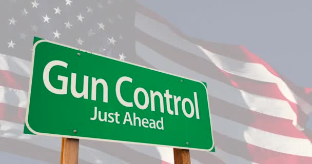 Gun Control Green Road Sign Ghosted Amerikansk Flagga — Stockvideo