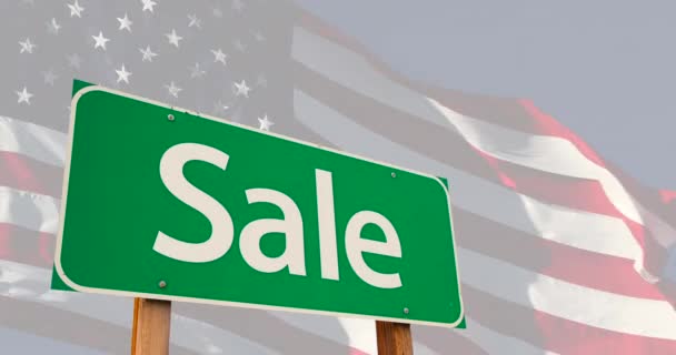 Sale Green Road Sign Ghosted American Flag — Stock Video