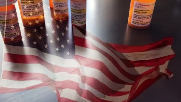 Slow Motion Medicine Bottles Pills Falling Ghosted American Flag Waving — Αρχείο Βίντεο