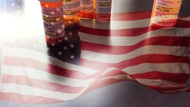 Lassú Motion Medicine Palackok Tabletták Falling Ghosted American Flag Waving — Stock videók
