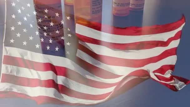 Slow Motion Medicine Bottles Pills Falling Ghosted American Flag Waving — Stock Video