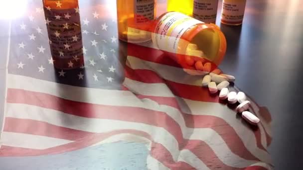 Slow Motion Medicine Bottles Pills Falling Ghosted American Flag Waving — Stock Video