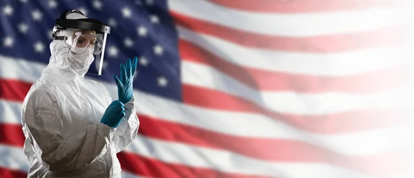 Doctor Nurse Wearing Medical Personal Protective Equipment Ppe American Flag — Stock Photo, Image
