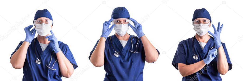 Set of Doctors or Nurses Wearing Personal Protective Equipment Isolated on White Background.