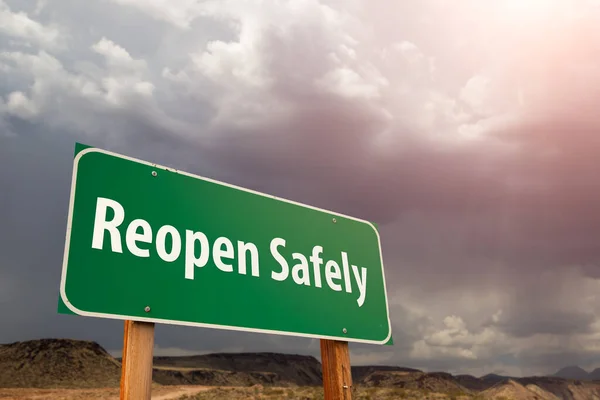 Reopen Safely Green Road Sign Ominous Stormy Cloudy Sky — Stock Photo, Image