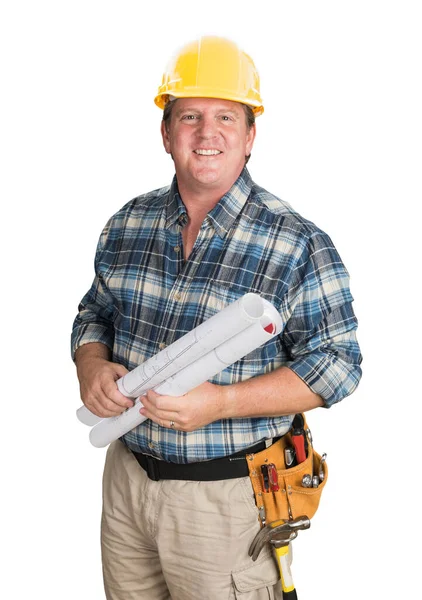 Male Contractor House Plans Wearing Hard Hat Isolated White — Stock Photo, Image