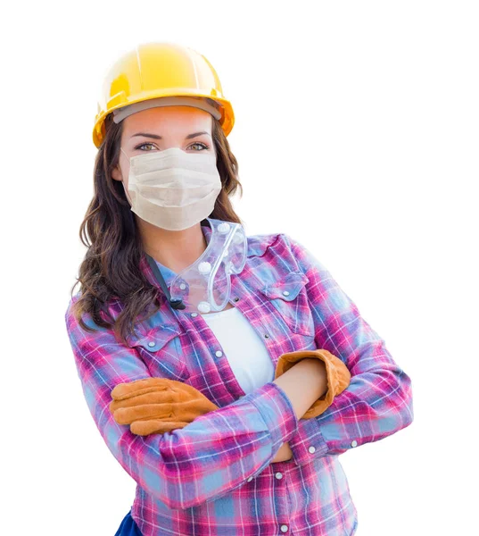 Female Contractor Hard Hat Wearing Medical Face Mask Coronavirus Pandemic — Stock Photo, Image