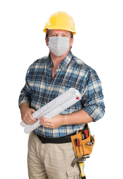 Male Contractor Hard Hat Wearing Medical Face Mask Coronavirus Pandemic — Stock Photo, Image