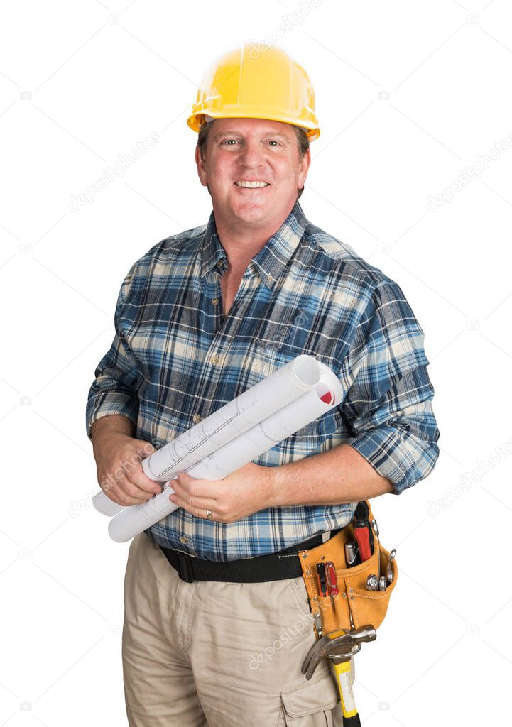 Male Contractor With House Plans Wearing Hard Hat Isolated on White.