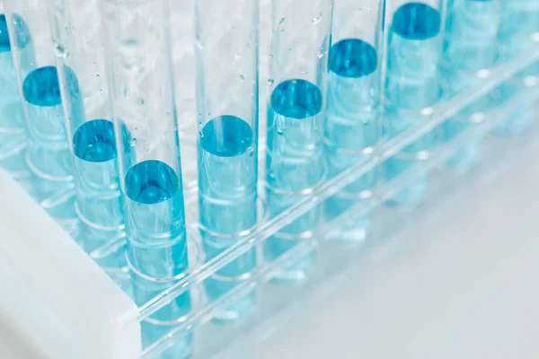 Abstract Scientific Test Tubes Containing Blue Chemical Rack — Stock Photo, Image