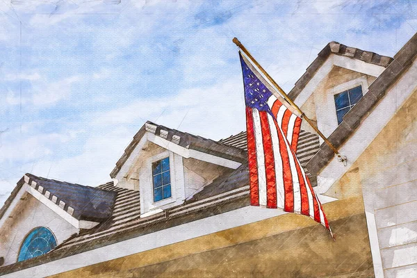 Artist Rendering American Flag Hanging House Facade — Stock Photo, Image