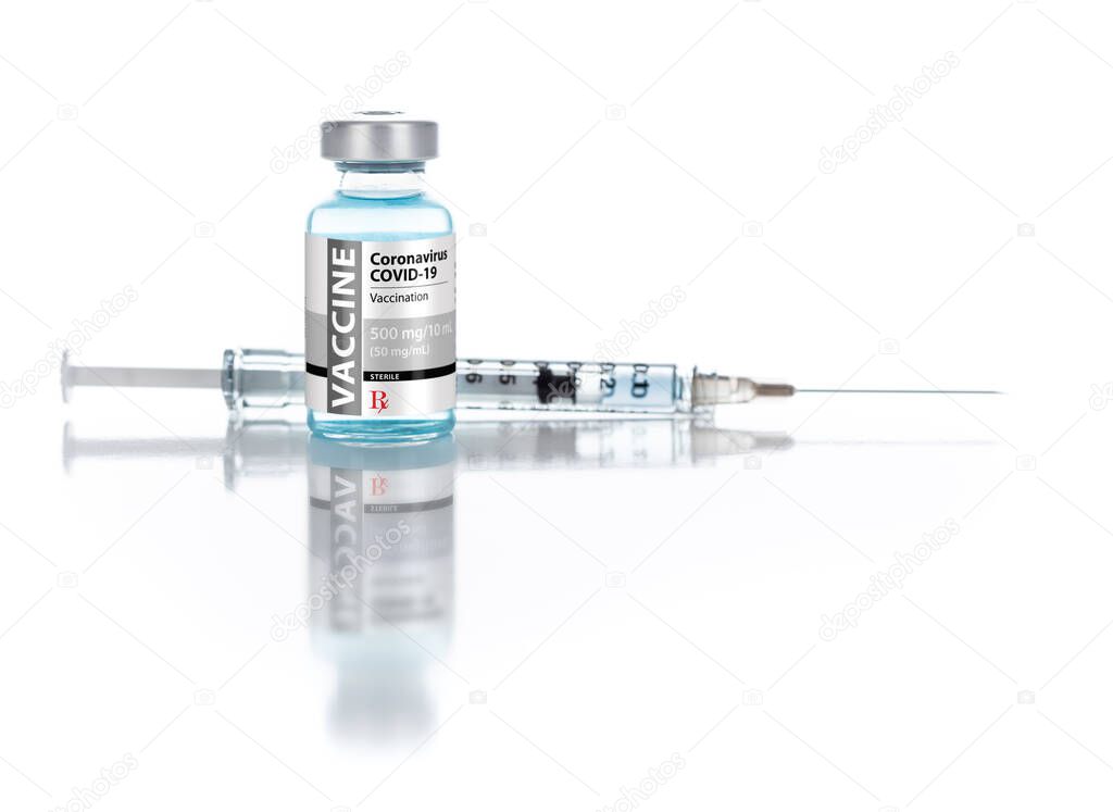 Coronavirus COVID-19 Vaccine Vial and Syringe On Reflective White Background.