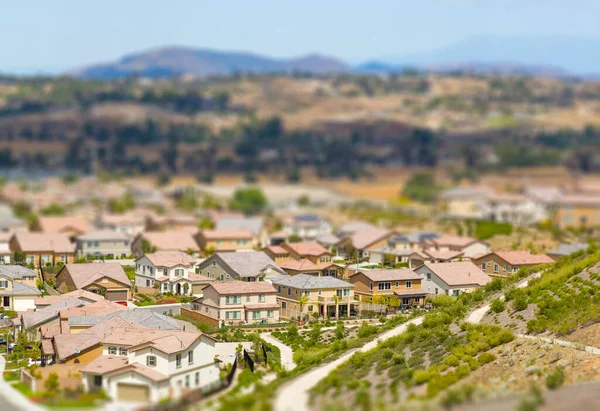 Aerial View Populated Neigborhood Houses Tilt Shift Blur — 스톡 사진
