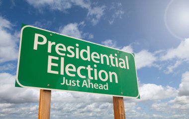 Presidential Election Just Ahead Green Road Sign Over Clouds and Blue Sky. clipart