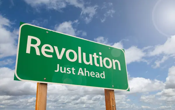 Revolution Just Ahead Green Road Sign Clouds Blue Sky — Stock Photo, Image