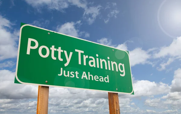 Potty Training Just Ahead Green Road Sign Clouds Blue Sky — Fotografia de Stock