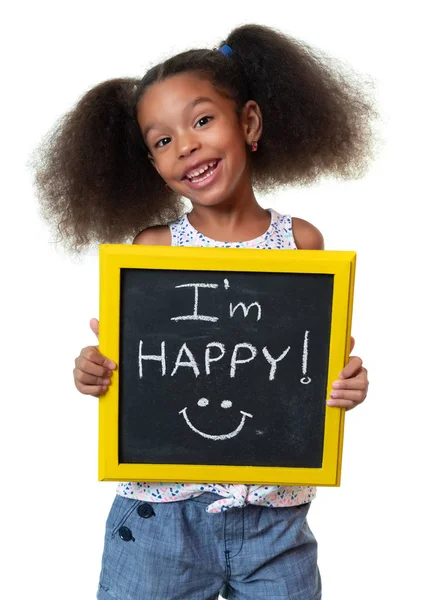 Cute African American Girl Laughing Holding Sign Happy Phrase Isolated — Stock Photo, Image